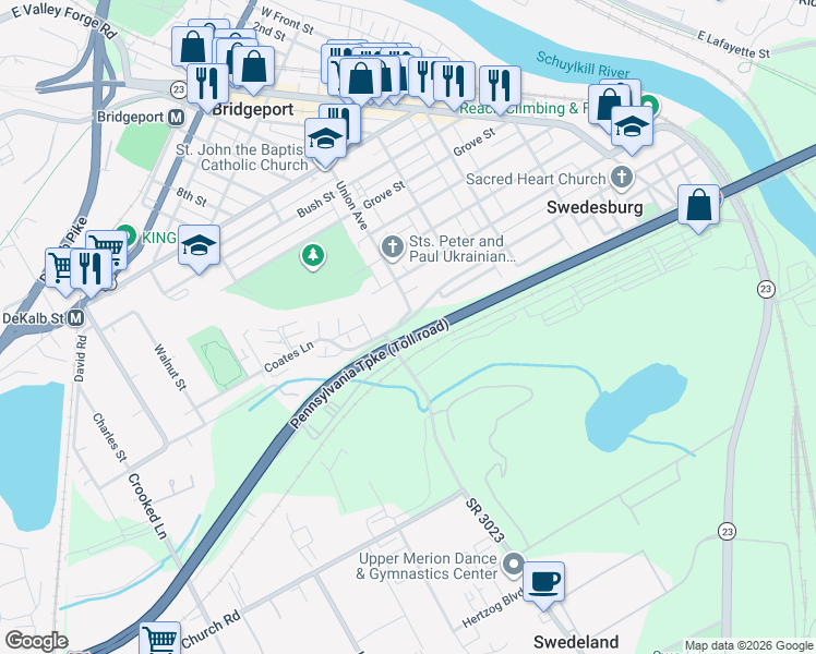 map of restaurants, bars, coffee shops, grocery stores, and more near 221 Flinthill Road in Bridgeport