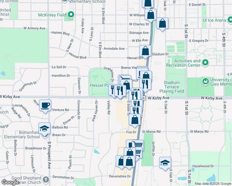 map of restaurants, bars, coffee shops, grocery stores, and more near 311 W Kirby Ave in Champaign