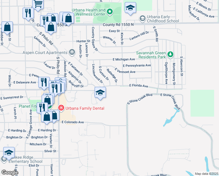 map of restaurants, bars, coffee shops, grocery stores, and more near 1907 East Florida Avenue in Urbana