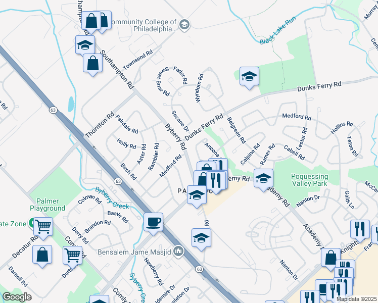 map of restaurants, bars, coffee shops, grocery stores, and more near 3221 Byberry Road in Philadelphia