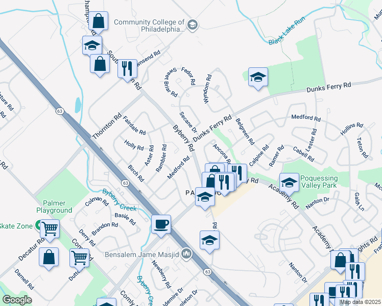 map of restaurants, bars, coffee shops, grocery stores, and more near 12252 Medford Road in Philadelphia