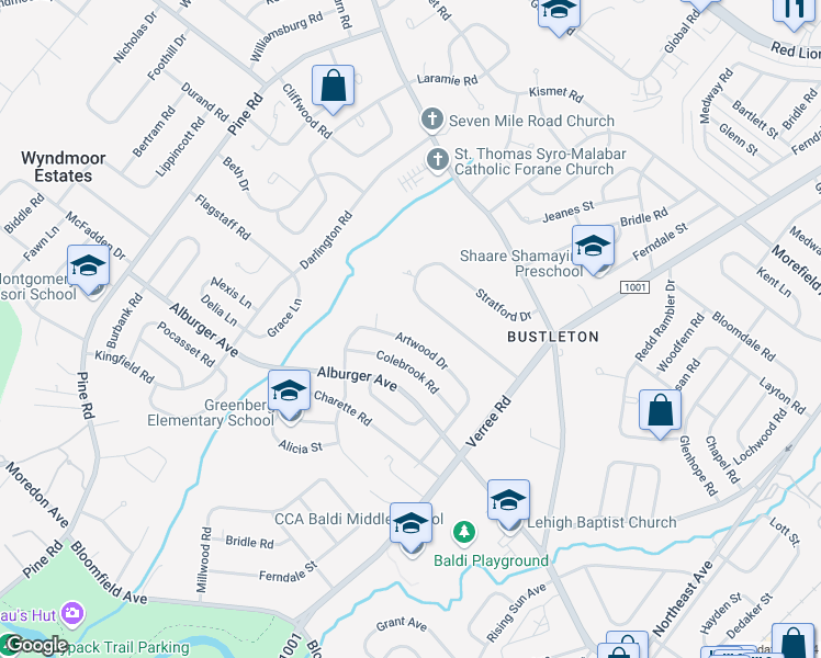 map of restaurants, bars, coffee shops, grocery stores, and more near 627 Artwood Dr in Philadelphia