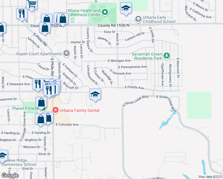 map of restaurants, bars, coffee shops, grocery stores, and more near 1901 1/2 East Florida Avenue in Urbana