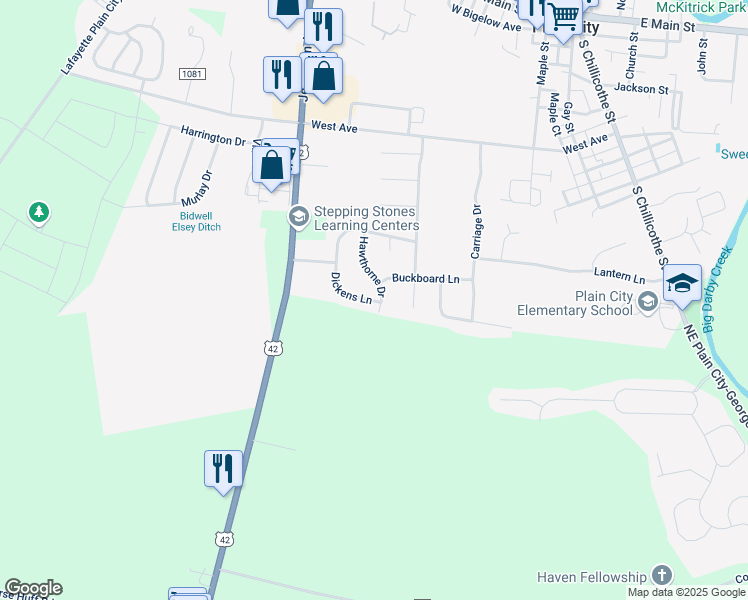 map of restaurants, bars, coffee shops, grocery stores, and more near 6412 Dickens Lane in Plain City