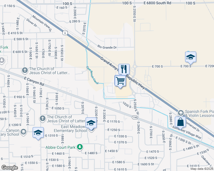 map of restaurants, bars, coffee shops, grocery stores, and more near 2285 East Canyon Road in Spanish Fork