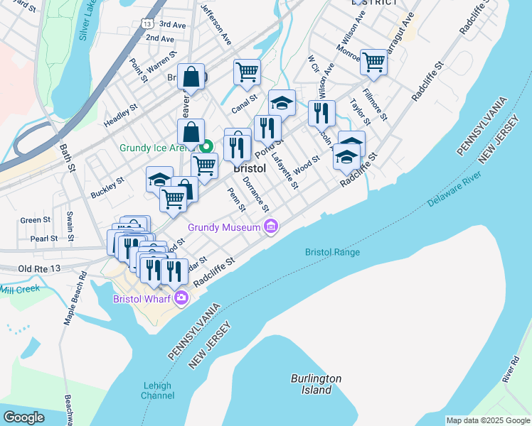 map of restaurants, bars, coffee shops, grocery stores, and more near 220 Dorrance Street in Bristol