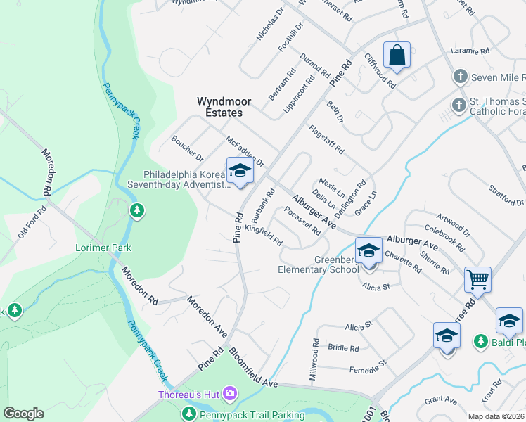 map of restaurants, bars, coffee shops, grocery stores, and more near 9200 Burbank Road in Philadelphia