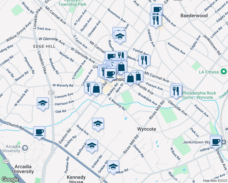 map of restaurants, bars, coffee shops, grocery stores, and more near 185 South Keswick Avenue in Glenside