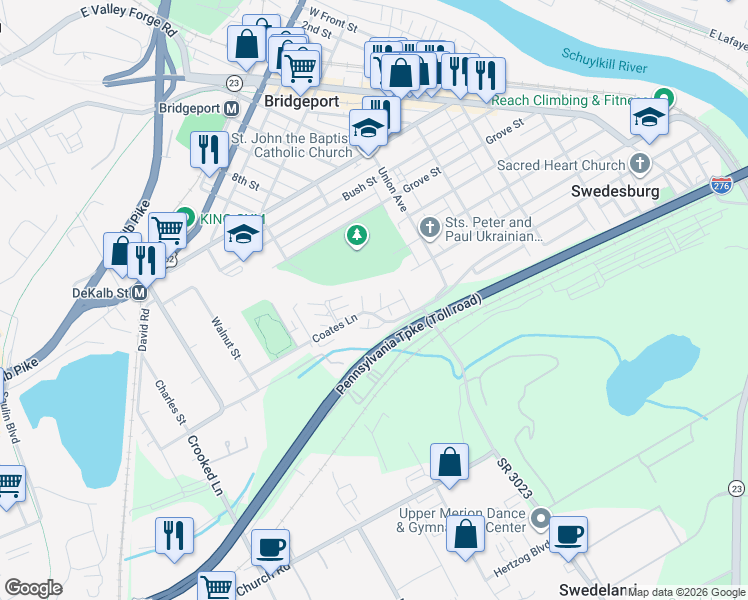 map of restaurants, bars, coffee shops, grocery stores, and more near 666 Coates Lane in King of Prussia