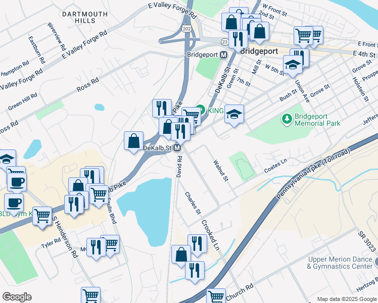 map of restaurants, bars, coffee shops, grocery stores, and more near 123 Crooked Lane in King of Prussia