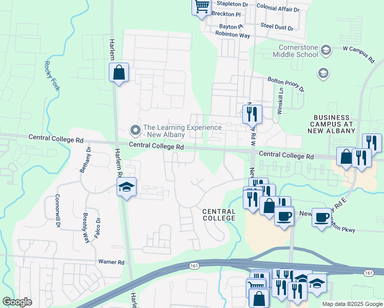 map of restaurants, bars, coffee shops, grocery stores, and more near 5935 Central College Road in New Albany