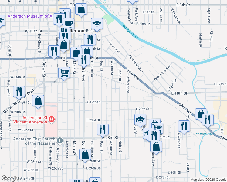 map of restaurants, bars, coffee shops, grocery stores, and more near 1820 Walnut Street in Anderson