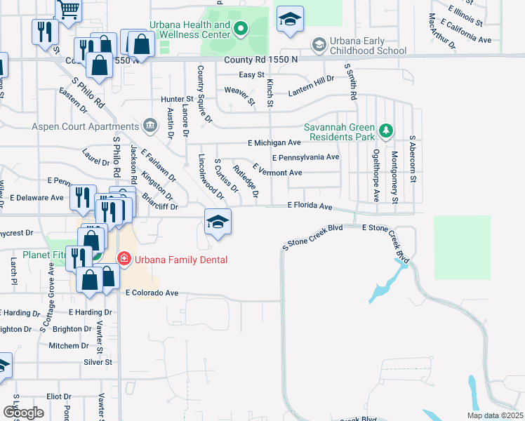 map of restaurants, bars, coffee shops, grocery stores, and more near 1901 1/2 East Florida Avenue in Urbana