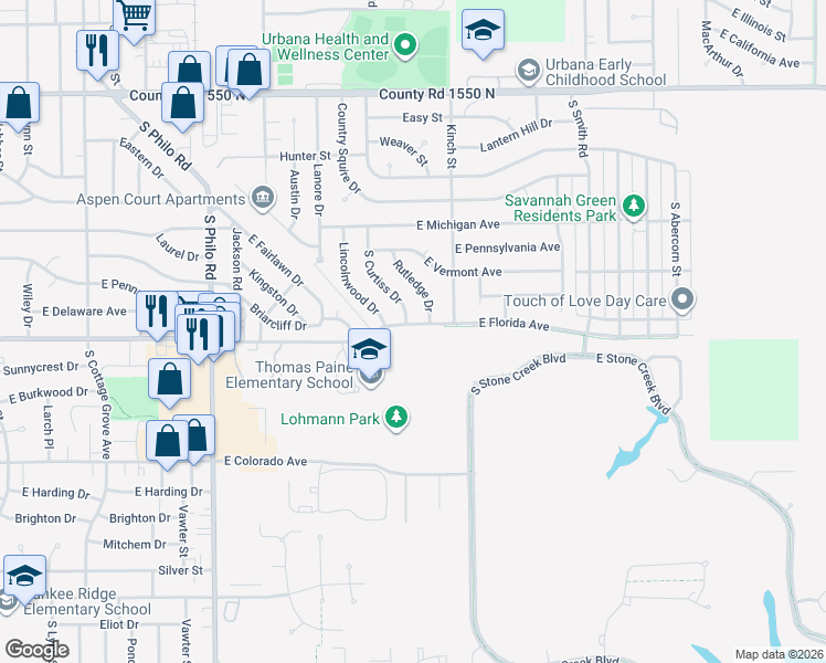 map of restaurants, bars, coffee shops, grocery stores, and more near 1907 East Florida Avenue in Urbana