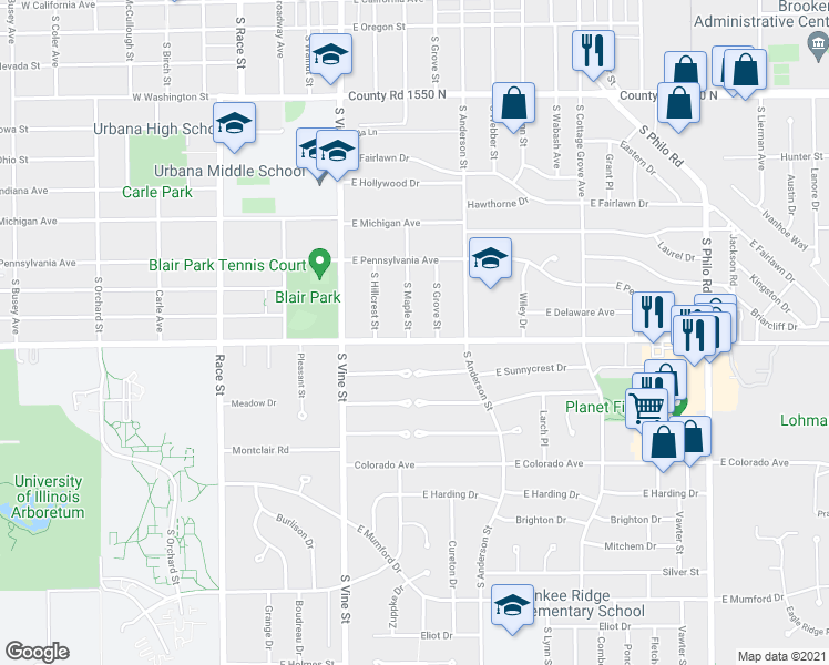 map of restaurants, bars, coffee shops, grocery stores, and more near 507 East Florida Avenue in Urbana
