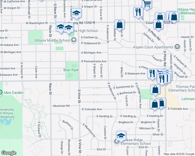 map of restaurants, bars, coffee shops, grocery stores, and more near 507 East Florida Avenue in Urbana
