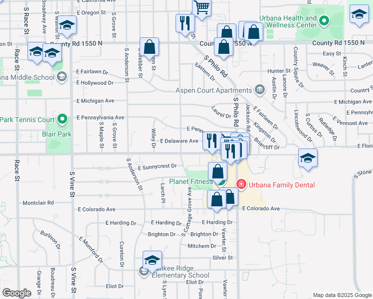 map of restaurants, bars, coffee shops, grocery stores, and more near 1104 East Florida Avenue in Urbana