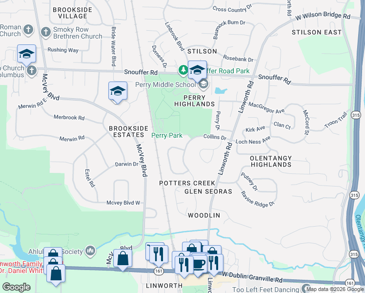 map of restaurants, bars, coffee shops, grocery stores, and more near 2365 Collins Drive in Worthington