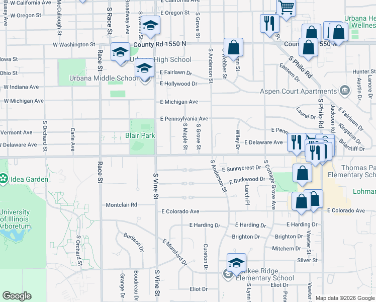 map of restaurants, bars, coffee shops, grocery stores, and more near 502 East Florida Avenue in Urbana