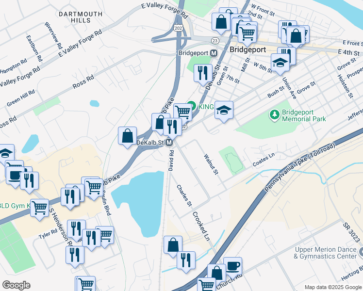 map of restaurants, bars, coffee shops, grocery stores, and more near 123 Crooked Lane in King of Prussia