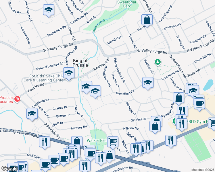 map of restaurants, bars, coffee shops, grocery stores, and more near 377 Springhouse Road in King of Prussia