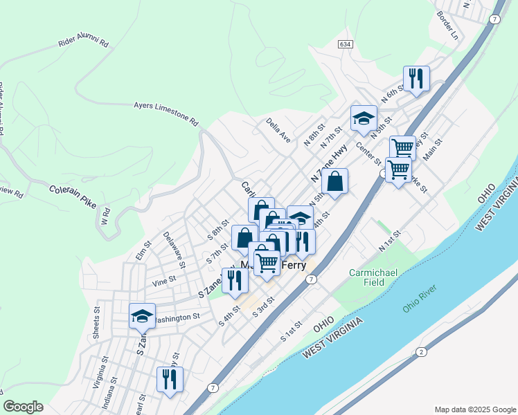 map of restaurants, bars, coffee shops, grocery stores, and more near 12 North 8th Street in Martins Ferry