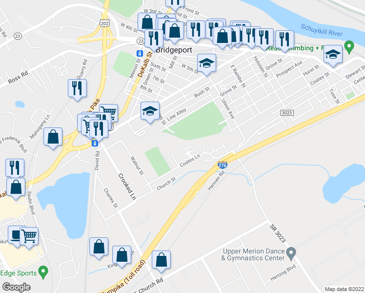 map of restaurants, bars, coffee shops, grocery stores, and more near 235 Holly Drive in King of Prussia