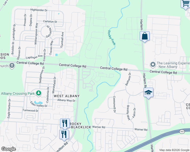 map of restaurants, bars, coffee shops, grocery stores, and more near 5757 High Rock Drive in Westerville