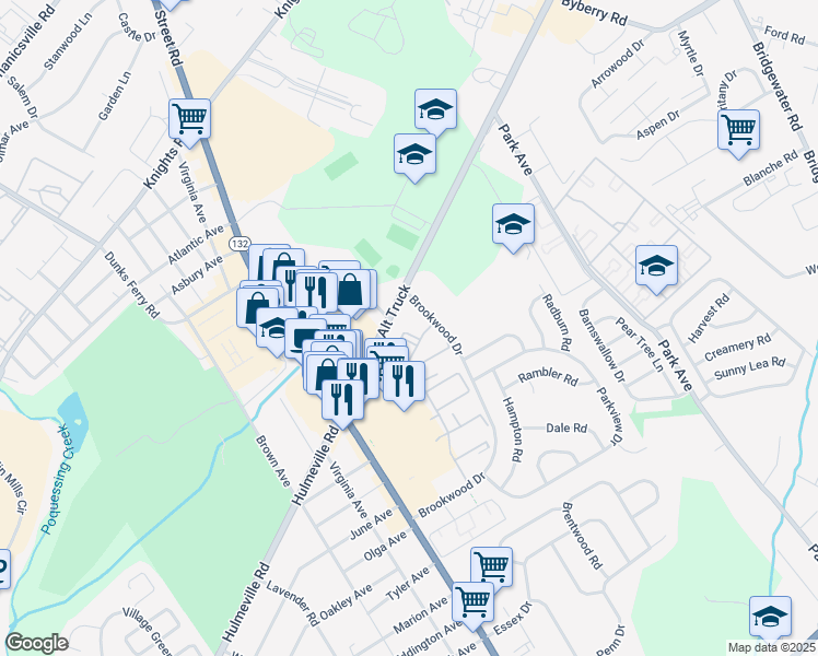 map of restaurants, bars, coffee shops, grocery stores, and more near 3139 Hulmeville Road in Bensalem