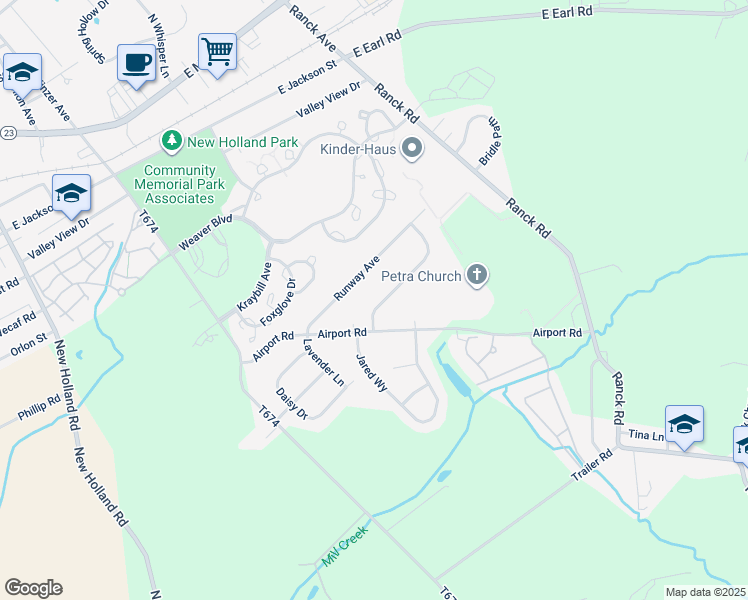 map of restaurants, bars, coffee shops, grocery stores, and more near 109 Windsock Way in New Holland