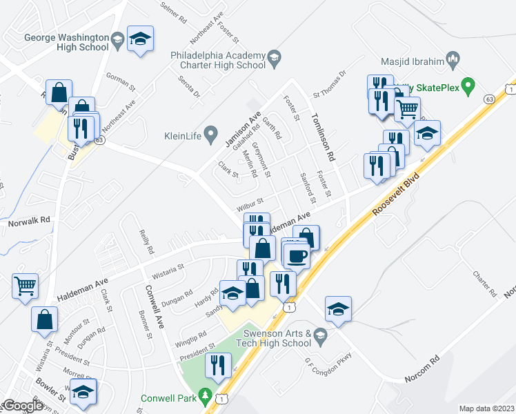 map of restaurants, bars, coffee shops, grocery stores, and more near 10115 Wilbur Street in Philadelphia