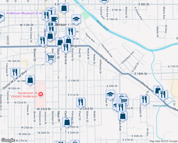 map of restaurants, bars, coffee shops, grocery stores, and more near 1726 Walnut Street in Anderson