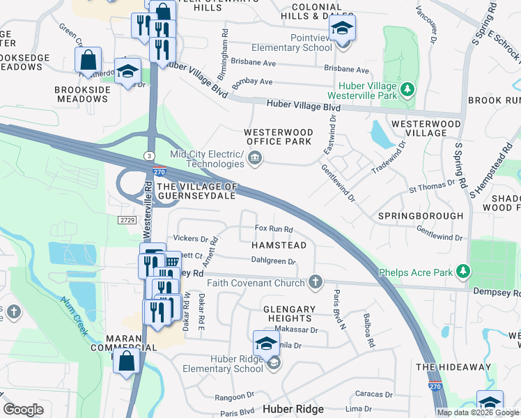 map of restaurants, bars, coffee shops, grocery stores, and more near 6412 Montford Road North in Westerville