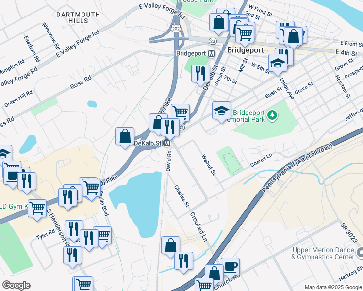 map of restaurants, bars, coffee shops, grocery stores, and more near 1179 Bush Street in King of Prussia