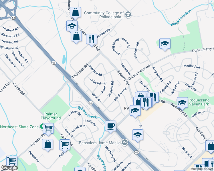 map of restaurants, bars, coffee shops, grocery stores, and more near 12171 Aster Road in Philadelphia