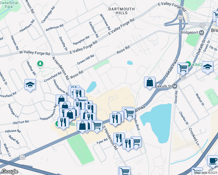 map of restaurants, bars, coffee shops, grocery stores, and more near 400 Chestnut Way in King of Prussia