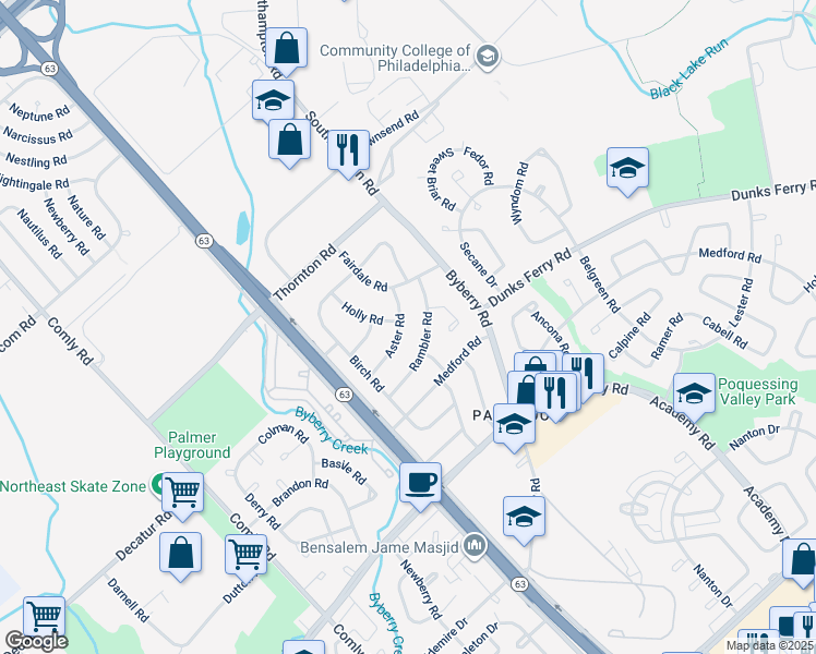 map of restaurants, bars, coffee shops, grocery stores, and more near 12171 Aster Road in Philadelphia