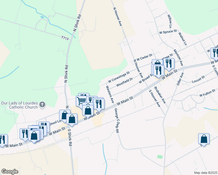 map of restaurants, bars, coffee shops, grocery stores, and more near 579 Westfield Drive in New Holland