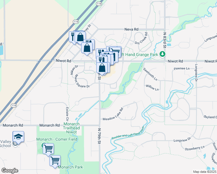 map of restaurants, bars, coffee shops, grocery stores, and more near 6899 Countryside Lane in Niwot