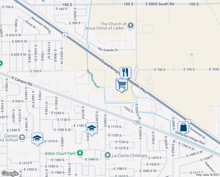 map of restaurants, bars, coffee shops, grocery stores, and more near 2285 East Canyon Road in Spanish Fork