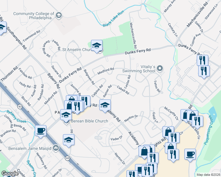 map of restaurants, bars, coffee shops, grocery stores, and more near 3448 Lamar Place in Philadelphia
