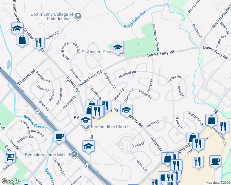 map of restaurants, bars, coffee shops, grocery stores, and more near 12520 Calpine Road in Philadelphia