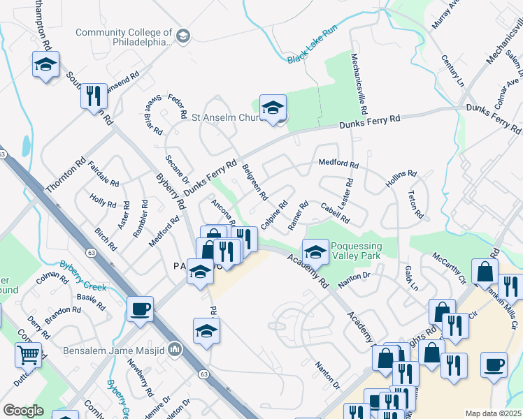map of restaurants, bars, coffee shops, grocery stores, and more near 12520 Calpine Road in Philadelphia