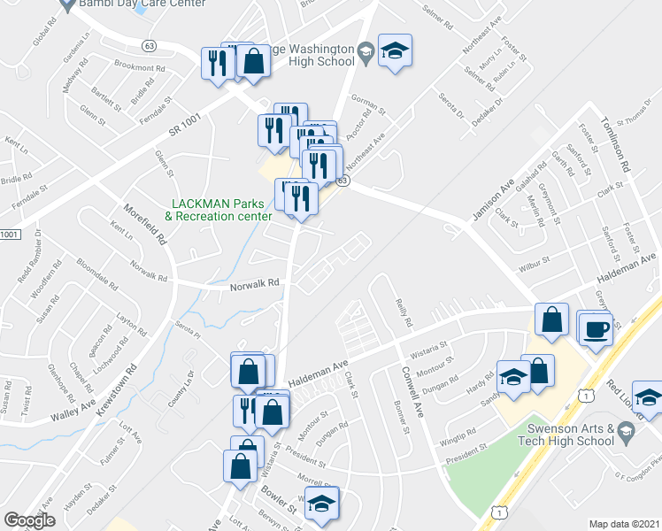 map of restaurants, bars, coffee shops, grocery stores, and more near 9921 Bustleton Avenue in Philadelphia