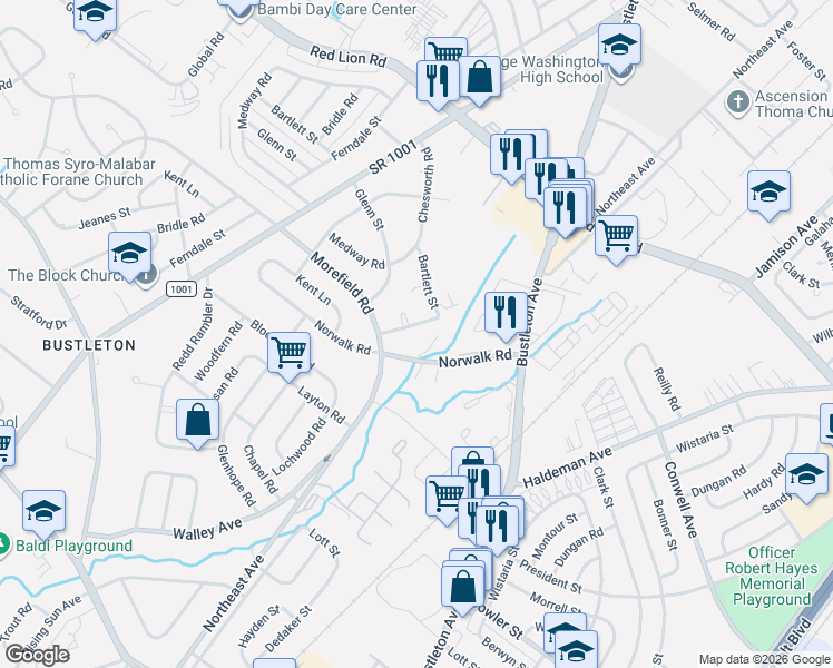 map of restaurants, bars, coffee shops, grocery stores, and more near 1218 Norwalk Road in Philadelphia