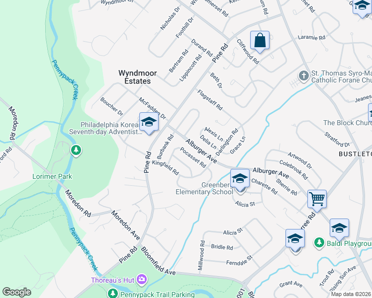 map of restaurants, bars, coffee shops, grocery stores, and more near 120 Pocasset Road in Philadelphia