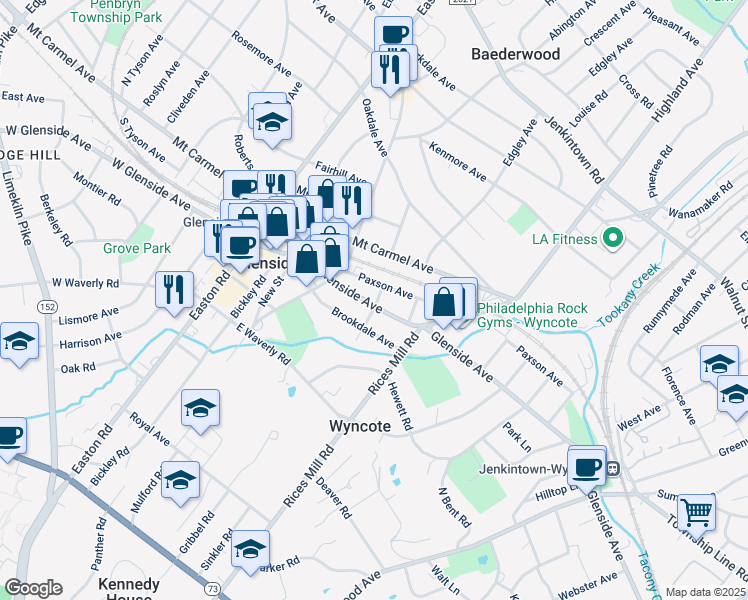map of restaurants, bars, coffee shops, grocery stores, and more near 245 Brookdale Avenue in Glenside