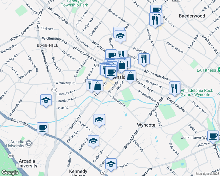 map of restaurants, bars, coffee shops, grocery stores, and more near 20 East Waverly Road in Glenside