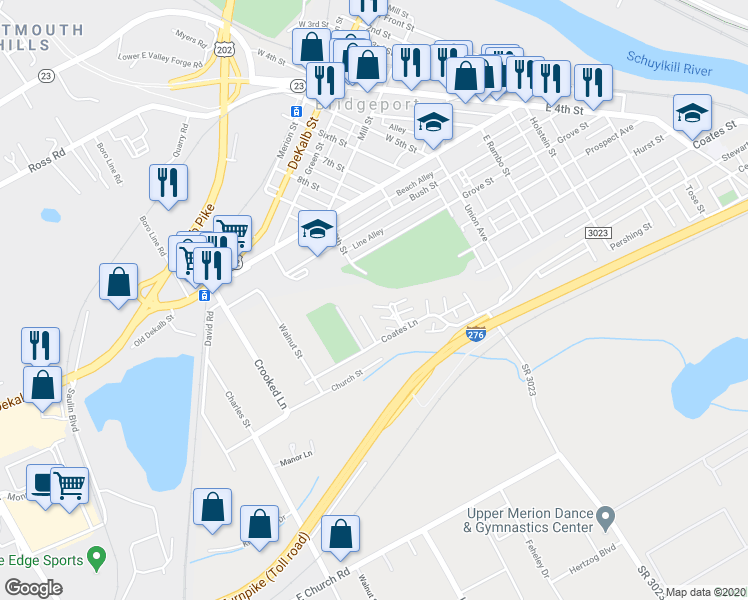 map of restaurants, bars, coffee shops, grocery stores, and more near 497 Coates Lane in King of Prussia