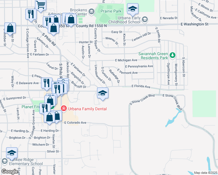 map of restaurants, bars, coffee shops, grocery stores, and more near 1907 East Florida Avenue in Urbana